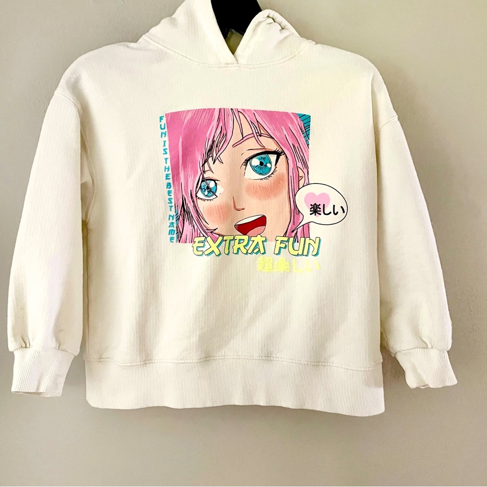 Zara Kids Anime Graphic Hoodie Sweatshirt Long Sleeved Cream Color Size 10